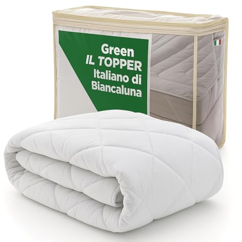 BIANCALUNA Topper Green - Cubrecolchón matrimonial e individual con elástico, acolchado y acolchado, antiácaros, antibacteriano, hipoalergénico, fabricado en Italia, 170 x 200 cm (dos plazas)