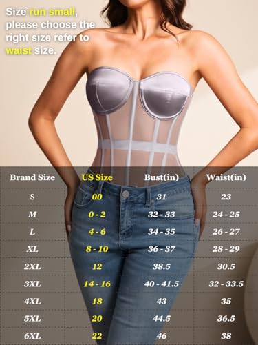 Image of Kaei&Shi Sheer Mesh Overbust Corset,Sexy Strapless Lace Up Satin Bra Corsets Top For Women Shapewear