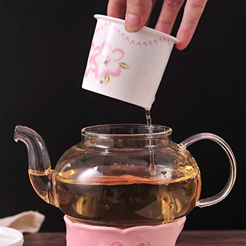 Tee-Set für 2 Personen, Knochenporzellan, Teekanne, Tasse und Untertasse, Set mit Stövchen und Tee-Ei, Kirschblüten-Design (Glas-Teekanne)