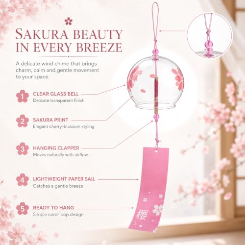 Image of Artibetter Japanese Glass Wind Chime Hanging Bell with Cherry Blossom Design | Handmade Furin Wind Bell for Home, Balcony, Garden, Patio, Window & Gift Decor (Pink)