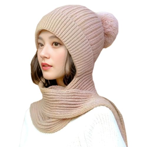 Gorro feminino de inverno cachecol tudo em um gorro com pompom, proteção de ouvido à prova de vento,
