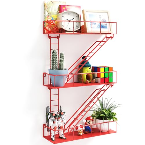 LUPWNEKA Red Metal Fire Escape Wall Shelf, Unique Decorative Shelves for Wall, New York Shelf Ladder Storage, Funky Knick Knack Shelf Organizer, Industrial Wall Shelves for Bathroom, Living Room