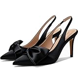 Manoloshow Slingback Heels for Women with Bow Pointed Toe Stiletto Pumps with Elasticated Strap 3.3" High Heels Summer Garden Party Elegant Shoes Satin Black Size 10