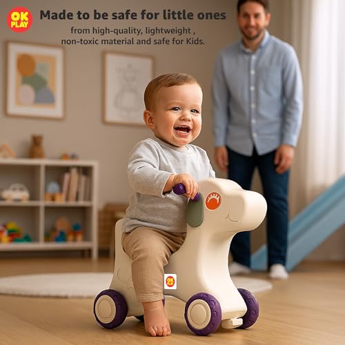 Image of OK PLAY Puppy Ride On Push On for Kids | Backrest | Easy Grip | Anti Skid | Four Wheel Ride | Baby Ride On | Indoors and Outdoors Games | Light-Weight | Durable | Portable | Purple & Ivory | 1 Years+