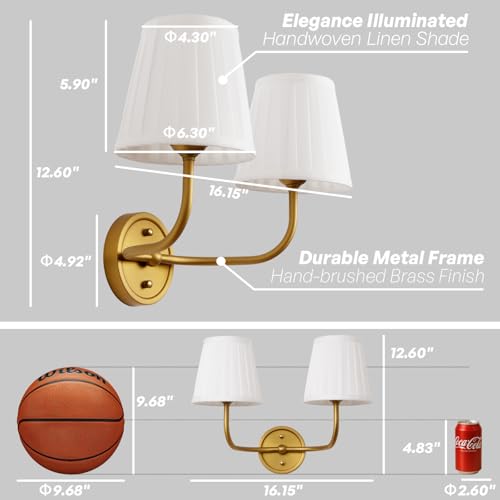 Teqinchy Vintage 2-Lights Wall Sconce Light Brass Gold Bathroom Vanity Light with White Cotton Fabric Shade Hardwire Double Wall Sconce Lamp for Bedroom Living Room Bathroom Hallway Indoor by Teqinchy - Image 8