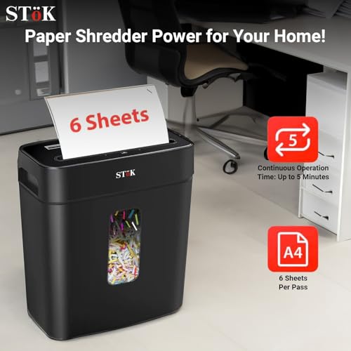 Image of SToK (ST-15CC) 6-Sheet Cross-Cut Paper Shredder for Home & Office, P-4 High Security Level, Super Quiet with Jam Proof System, 12 Liter Bin (One Year Offsite Warranty)