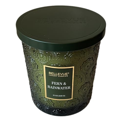 Bellevue 12oz Soy Candle - Fern & Rainwater Scent with Essential Oils in Embossed Glass Jar