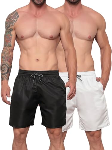 Kit 2 Shorts Masculino Premium Tactel Bermuda Lisa com Elástico (BR, Alfa, GG, Regular, Regular, Preto + Branco)
