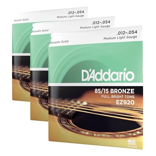 D'Addario Cuerdas Guitarra Acustica, Cuerdas de Guitarra, Cuerdas de Guitarra Acustica, EZ920 - Juego de cuerdas para guitarra acústica, Medio Ligero,material de bronce 012-054 (Paquete de 3)