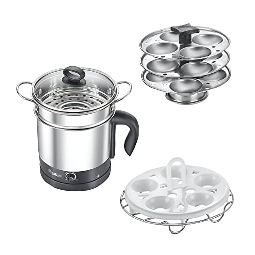 Prestige 1.5L PMC 3.0 Plus Multi Kettle/Multi Cooker|Comes with Idli stand, egg boiling rack & Steamer| Glass Lid with Stainless Steel rim|Temperature Control |Power Indicator (Silver, Black)