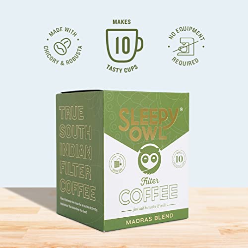 Image of Sleepy Owl Coffee Madras Blend Hot Brew Bags | Filter Coffee | Set of 10 Bags - Makes 10 Cups | Hot Brew Coffee |5 Minute Brew - No Equipment Required | Chicory & Robusta