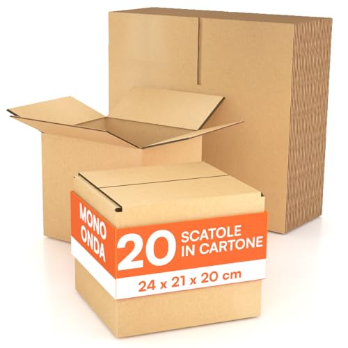20 Scatole di Cartone 24x21x20 cm Eurocali per Trasloco Spedizioni E-Commerce Imballaggio Deposito - Scatoloni Mono Onda Made in Italy Rettangolari Multiuso Cartone Resistente Durevole - Colore Avana