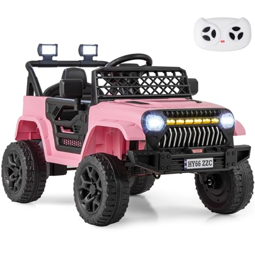 GYMAX Kids Ride on Car, 12V Battery Powered Toy Car with Remote Control, Lights, Music, Horn, Bluetooth, USB, Shock Suspension and Slow Start, Children Electric Off Road Truck for 3 Years Old+ (Pink)
