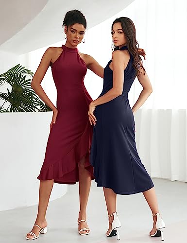Merokeety Women's Sexy Halter Neck Sleeveless Evening Dress Slim Split Mermaid Prom Dresses,Navy,M #TOP6