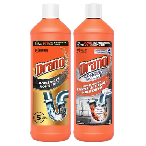 Drano (Mr Muscle) Extra Stark, Power Gel Rohrfrei Abflussreiniger, Rohrreiniger, 1000 ml + Drano Küchen-Gel Rohrfrei Abflussreiniger, Rohrreiniger für die Küche, 1000 ml