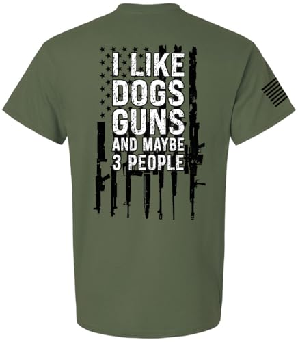 Patriot Pride Men's Funny Shirts for Men - I Like Dogs, Guns, and Maybe 3 People Distressed Gun Flag Short Sleeve T-Shirt, Military-X-Large