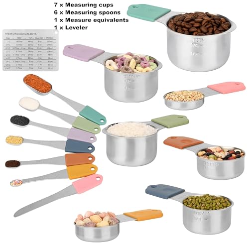 Smithcraft Magnetic Measuring Cups & Spoons Set 15, Stainless Steel Measuring Cups and Spoons Set, Color Heavy Duty Metal Measuring Cups&Spoons Set w/Leveler & Measure Equivalents for Cooking & Baking