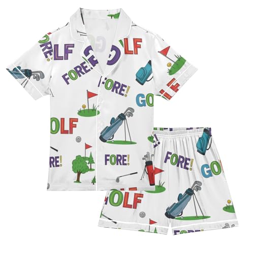 Satin Pajama Sets Short Sleeve Golf Themed Pattern Prints Button Down Silky Nightwear 2 Piece PJS 5-14Y