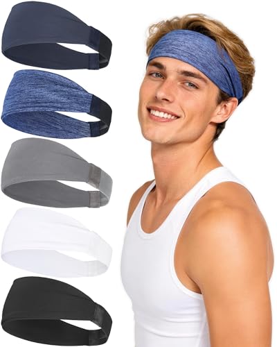 Image of AWUMBUK Sports Headbands for Men, Sweat Bands Headbands Men Absorbent Head Band Stretchy Sweatbands 5 Pack Hair Band Workout Football Running Cycling Fitness (Dark Blue)