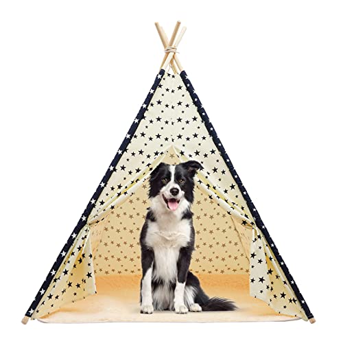 Pet Teepee Tent With Mat For Large Dogs Cats Portable Dog(Puppies) House Indoor Outdoor (Star （Retro）) #TOP9