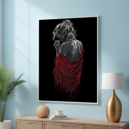Tableau abstrait silhouette féminine 80x120 cm avec cadre intérieur noir et blanc