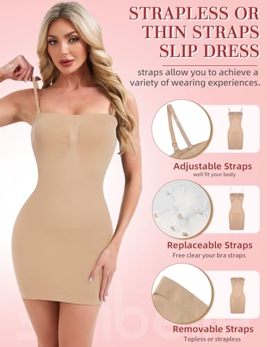 SLIMBELLE Built In Bra Strapless Shapewear Dress Slip for Women Tummy Control Full Slip Shaper Under Dresses Nude S - image 3