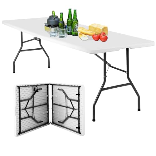 BestOffice 8FT Picnic Table Folding Table Camping Table Plastic Table Fold Up Table Lock for Party Event,White