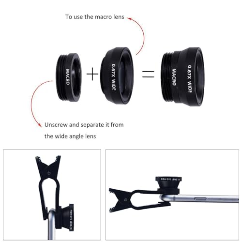 Juego de Lentes de de para teléfonos – Juego de Lentes de cámara 3 en 1 | Clip Design Lente de 180° + Lente Macro 10X + Lente Gran Angular 0,67X para Smartphone, Negro, Se référer au - imagen 4
