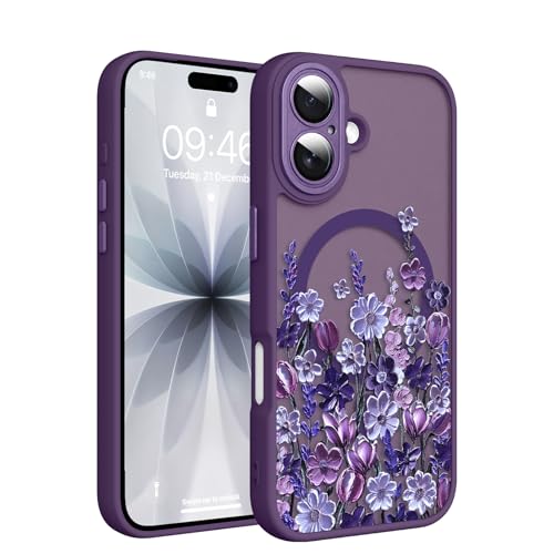 Image of Magnetic for iPhone 17 Case for Women Girls, Dark Purple Floral | Cute Oil Painting Flower Pattern Design [Compatible with MagSafe] [Full Camera Protection] Slim Bumper Matte Protective Cover