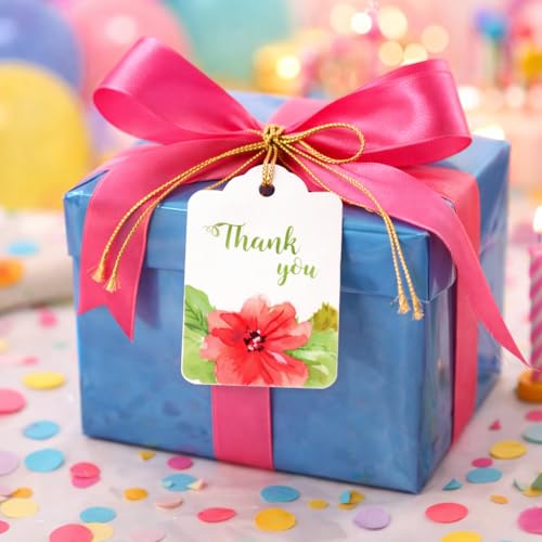 Image of CVANU Floral Thank You Gift Tags (Set of 150), Elegant Flower Design (D10) Hanging Tags with Gold String for Wedding Return Gifts & Small Business Packaging (2.85 x 1.7 Inch)