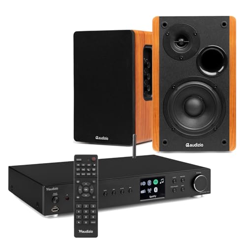 Audizio Adria DAB+ Internet Radio & Bookshelf Speaker HiFi System with Spotify, Bluetooth, WiFi, FM, USB, Complete Streaming Music Solution for Home or Small Business - Wood Finish, 80W Kit.