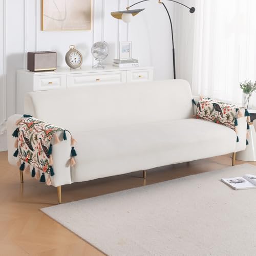 Image of HOKIPO Premium Sofa Armrest Cover (1 Pair) | Printed Holland Velvet with Tassels | 'Whispers of Nature' Multicolor Tropical Peacock (IN-1115-D1*2SM)