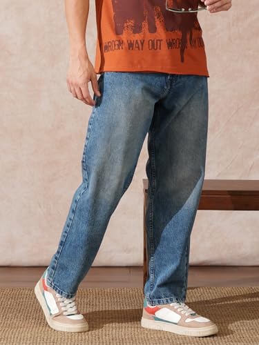Image of WROGN Men's 100% Cotton Jeans | Solid | Baggy Fit