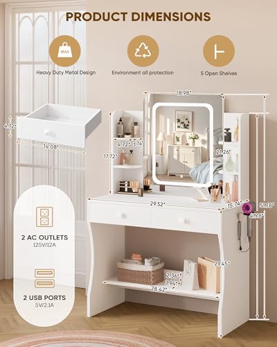 Image of LIVELYGLOW Small Makeup Vanity Desk with Smart LED Mirror & Power Outlet, 29.5 inch White Vanity Table with Hairdryer Rack, 5 Storage Shelves & 2 Drawers, Compact Dressing Table for Small Spaces