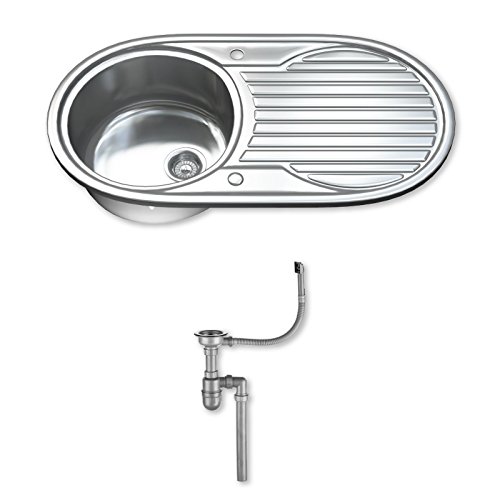 Dihl 1061 Kitchen Sink with Drainer, Single Bowl 1.0, Oval, 304 Stainless Steel, Silver, 90 x 47 cm, Inset, Includes Full Waste Kit and fixings