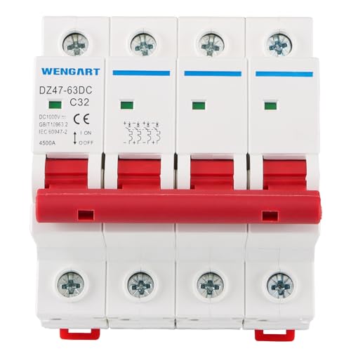 WENGART PV Interruptor automático de circuito automático DZ47-63DC, DC1000V 4 pines CC 32A, 35 mm montaje en carril DIN, para sistema de PV solar, células solares