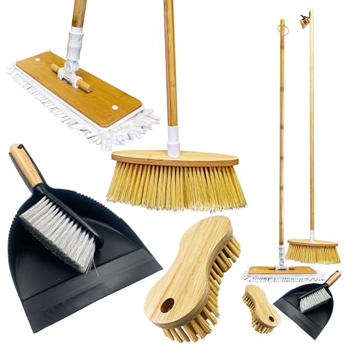 House Cleaning Kit | 4-in-1 Floor Cleaning Kit for All Home Surfaces | Includes Bamboo Mop, Indoor Broom, Scrubbing Brush, and Dustpan and Brush Set With Bamboo Handle