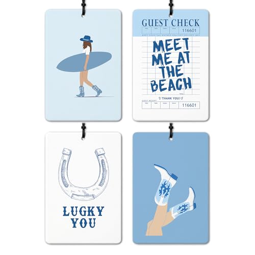 Image of Meet Me at The Beach Car Air Freshener 4 Pcs, Blue Summer Coastal Cowgirl Surfing Boots Hanging Air Freshener for Cars Closet Drawer Books, Preppy Girly Car Accessories Mirror Decor for Women