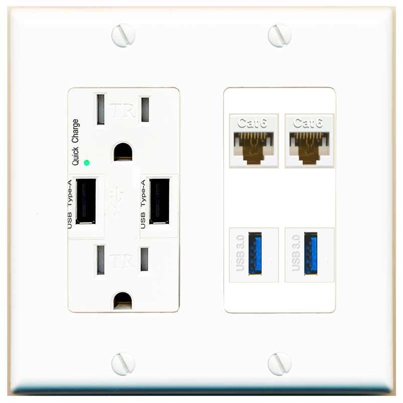 RiteAV 2 Port Cat6 2 USB3 Wall Plate - USB Outlet [Screwless White]
