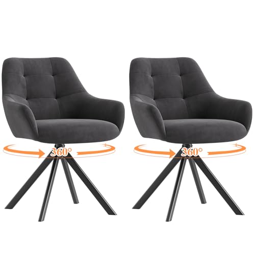 COLAMY Drehbare Esszimmerstühle 2er Set, Esszimmerstühle Drehbar mit Armlehne, Armlehnstuhl Drehbar mit Rückenlehne für Esszimmer, Stühle aus Weichem Florstoff mit Metallgestell für Küche, Grau