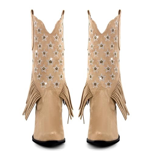 richealnini Mid Calf Fringe Cowboy Boots Glitter Rhinestone Western Cowgirl Boots with Tassel Pull On Stacked Heels Prom Wedding Shoes Dressy3