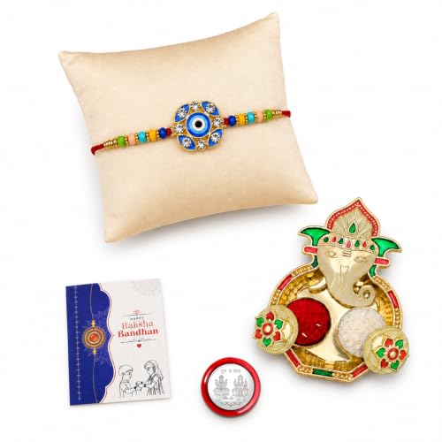 Image of DeoDap Rakhi with Pooja Thali for Brother - Multicolor Evil Eye Design Rakhi with Stylish Golden Color Pooja Thali, Silver Color Pooja Coin, Greeting Card & Roli Chawal - Traditional Raksha Bandhan Festive Celebration Combo