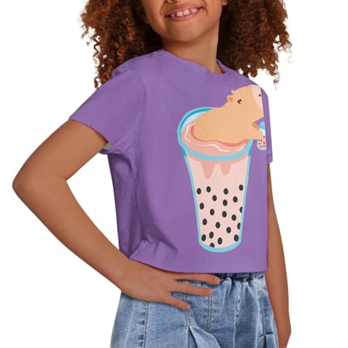 Image of Girls Crop Tees Crew Neck Casual Short Sleeve T Shirts Kids Loose Soft Comfortable Tees Blouses Shirt for Little Girl