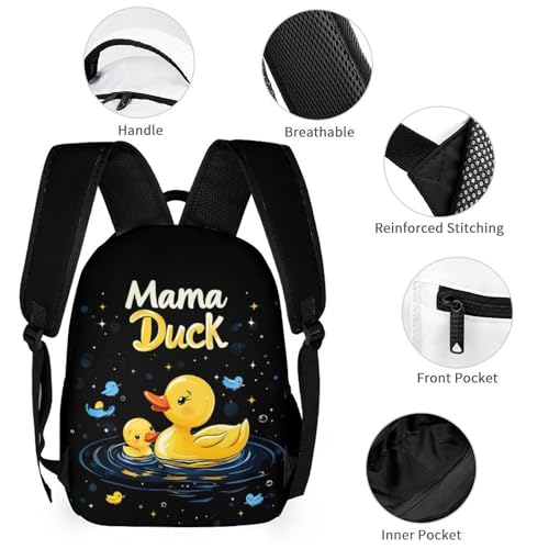 Mama Duck Cute Rubber Duck Printed Backpack with Lunch Box Bag Pencil Case Pouch 3pcs Daypack Set for Women Men3