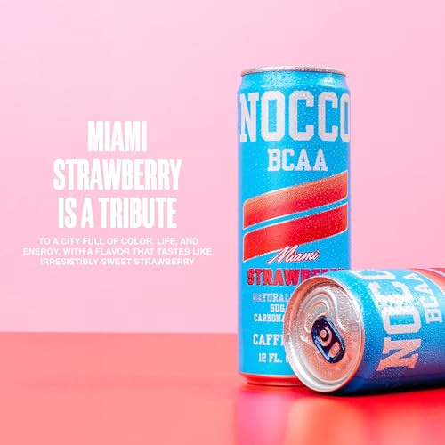Image of NOCCO Zero Sugar Energy Drink, Miami Strawberry - 12 Fl Oz (Pack of 12) - 180mg Caffeine, Sugar Free, Branched Chain Amino Acids, Carbonated, Low Calorie, B Vitamins, Grab & Go Performance Beverage