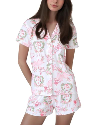 Image of Womens Pajamas Set Shorts Button Down 2 Piece Monkey Bunny Y2k Roller Dupes Rabbit Preppy Lounge Pjs Comfy Sleep Wear