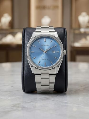 Image of AMERICANVIBER Mens Analog Quartz Watch, Stainless Steel Bracelet, Date Display Chain Watch for Men