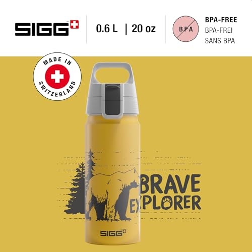 SIGG WMB One Brave Bear Kinder Trinkflasche (0.6 L), schadstofffreie und auslaufsichere Kinderflasche, federleichte Wasserflasche aus Aluminium