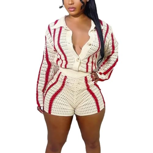 Image of Womens Fashion Stripe Knit Sweater Cardigan 2 Piece Outfits,Long Sleeved Woollen Cardigan and Shorts Suit