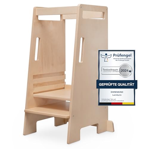 Ehrenkind® Lernturm ab 1 Jahr Montessori höhenverstellbar | bis zu 60 KG belastbar | Natur-Holz Lernstuhl Nachhaltig | Learning Tower Kinderhocker Kinderturm Transparent lackiert